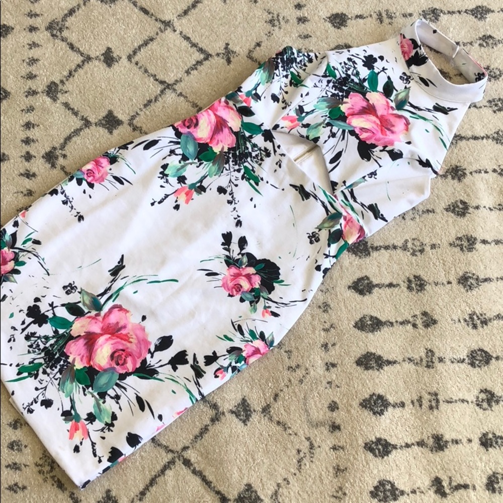 White floral body con halter dress